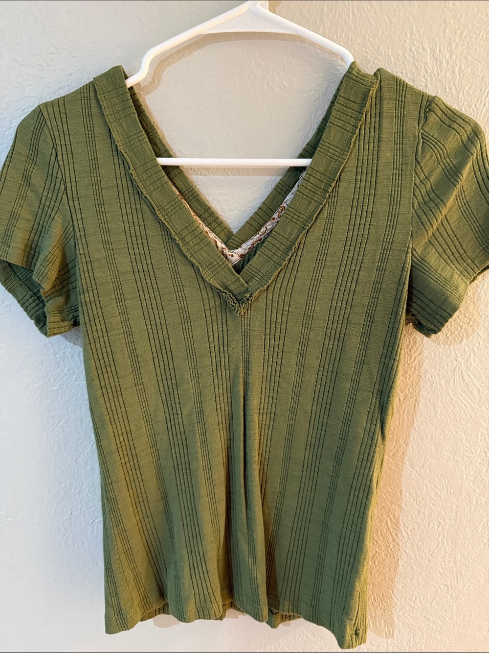 Pilcro Olive Green Ribbed V-Neck Short Sleeve Top